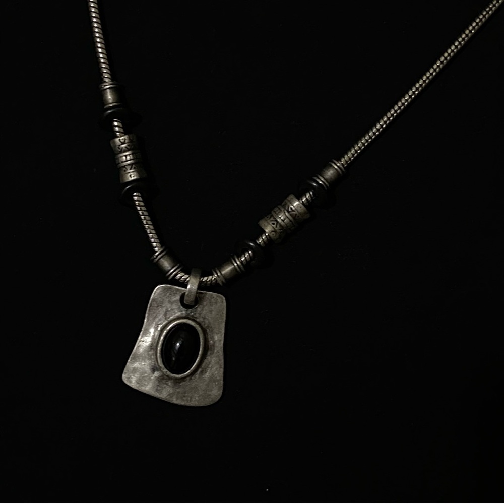 CHICO'S Pendant Necklace Hammered Silver Tone Metal Trapezoid Black Rustic Boho